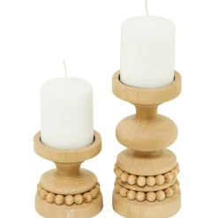 Brown Wood Beaded Pillar Candle Holder Set
