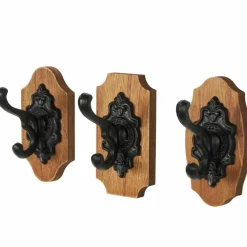 Brown Wooden Fleur De Lis Vintage Inspired Home Wall Hook with Black Metal Hooks & Curved Edges Set