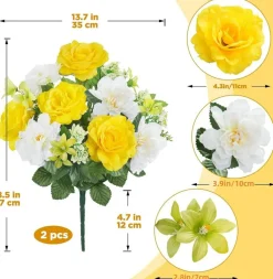 2 Bundles Artificial Cemetery Flowers, Yellow & White Silk Rose Lily Bouquets, 18.5 Inch Faux Floral Arrangements for Grave Decoration, Memorial, Home & Wedding Centerpieces
