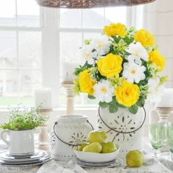 2 Bundles Artificial Cemetery Flowers, Yellow & White Silk Rose Lily Bouquets, 18.5 Inch Faux Floral Arrangements for Grave Decoration, Memorial, Home & Wedding Centerpieces