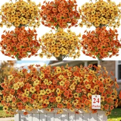 24 Bundles Artificial Fall Flowers, UV Resistant Faux Mums Porch