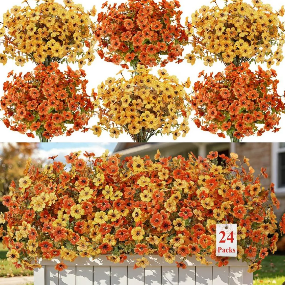24 Bundles Artificial Fall Flowers, UV Resistant Faux Mums Porch