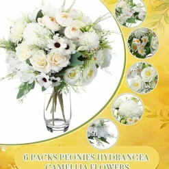 6 Bundles Artificial Peony and Rose Bouquet Flowers, Faux Silk Hydrangea Floral Arrangement Set for Wedding Centerpieces, Vase Decor, Home Table and Party Decorations (White)