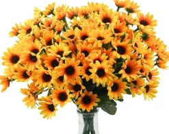 6 Bundles Artificial Sunflowers and Daisy Mums, 24 Stems UV Resistant Faux Fall Flowers with Greenery, Yellow Silk Flowers for Indoor Outdoor Home Wedding Office Garden DIY Decor