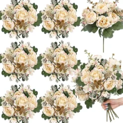 6 Bundles Champagne Peony Artificial Flowers, Silk Faux Peonies with Hydrangea and Greenery Stems, DIY Vintage Wedding Bouquet Supplies, Vase Filler for Table Centerpieces and Home Decor