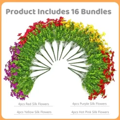 16 Bundles Summer Potted Artificial Flowers for Outdoors, Faux Plants Flowers