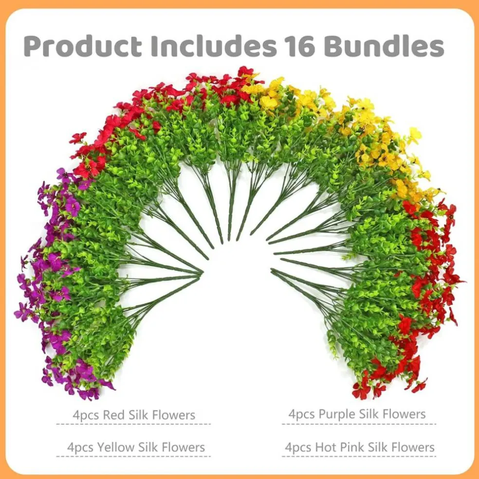 16 Bundles Summer Potted Artificial Flowers for Outdoors, Faux Plants Flowers