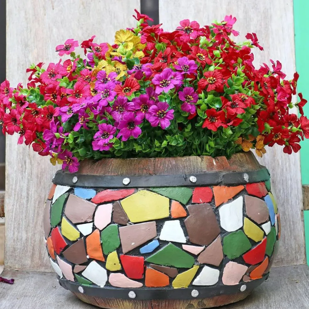 16 Bundles Summer Potted Artificial Flowers for Outdoors, Faux Plants Flowers