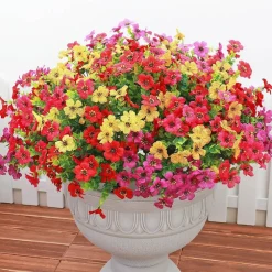 16 Bundles Summer Potted Artificial Flowers for Outdoors, Faux Plants Flowers