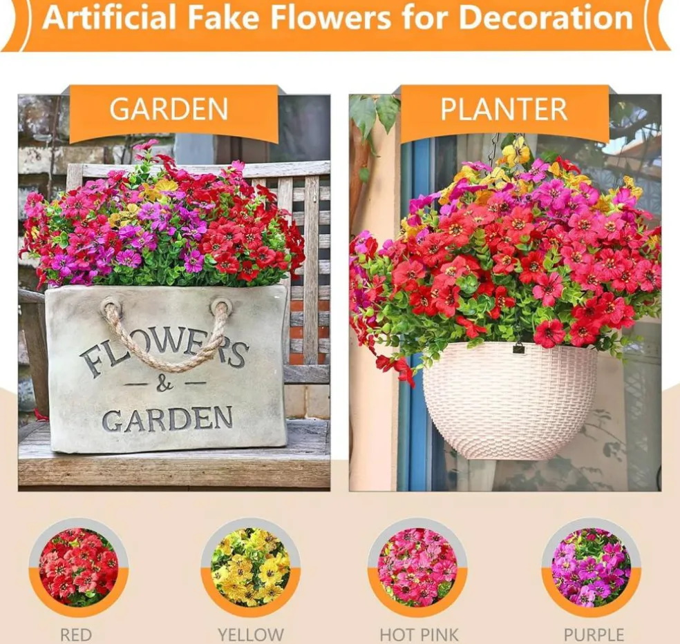 16 Bundles Summer Potted Artificial Flowers for Outdoors, Faux Plants Flowers