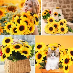 24 Bundles Summer Sunflower Floral Arrangements - UV Resistant Faux Yellow Flowers for Outdoor & Indoor Decor
