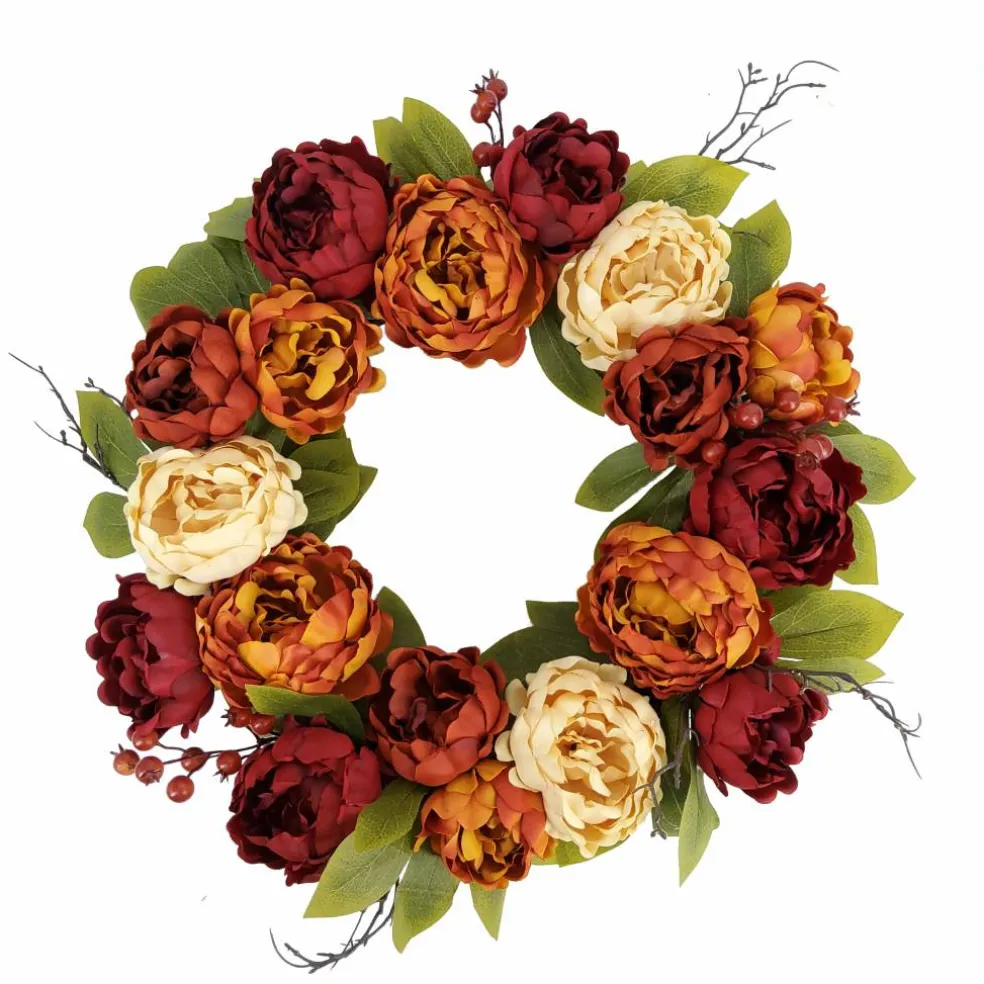 24" Burnt Orange & Burgundy Peony Wreath by Ashland®