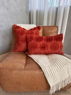 Burnt Orange Pumpkin Lumbar Pillow Cover – 12x20" Faux Fur Fall Accent, Handmade with Hidden Zipper