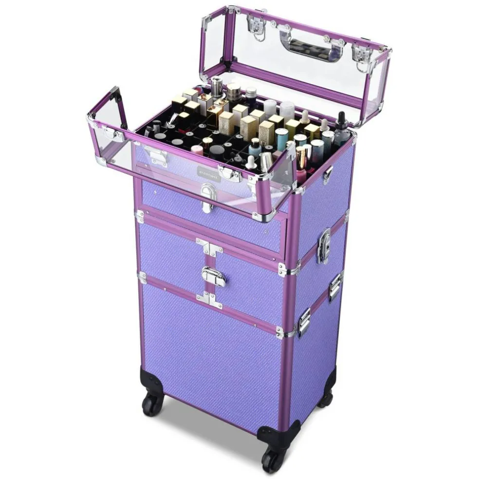 Byootique 2in1 Nail Polish Organizer Rolling Makeup Train Case Manicure Purple