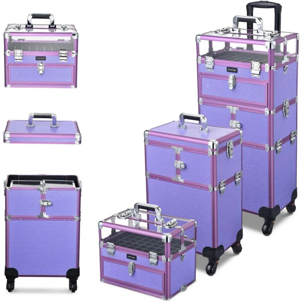 Byootique 2in1 Nail Polish Organizer Rolling Makeup Train Case Manicure Purple