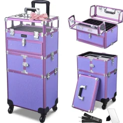 Byootique 2in1 Nail Polish Organizer Rolling Makeup Train Case Manicure Purple