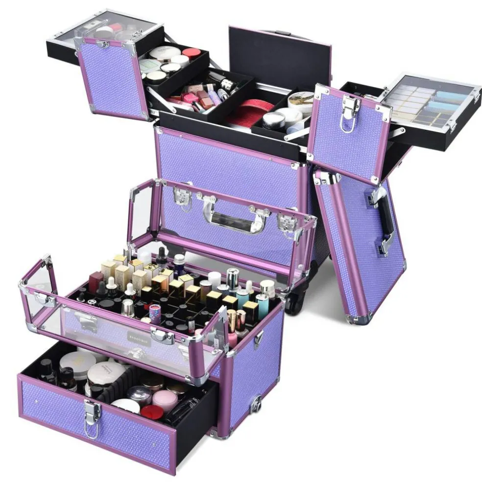 Byootique 2in1 Nail Polish Organizer Rolling Makeup Train Case Manicure Purple