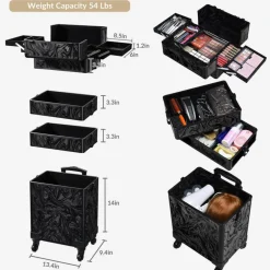 Byootique 4in1 Rolling Makeup Case with 2 Makeup Brush Bag, Cosmetic Train Case on Wheels for Makeup Artist Travel Hairstylist