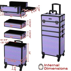 Byootique 4in1 Rolling Makeup Train Case w/ Cube Case Cosmetic Organizer Purple