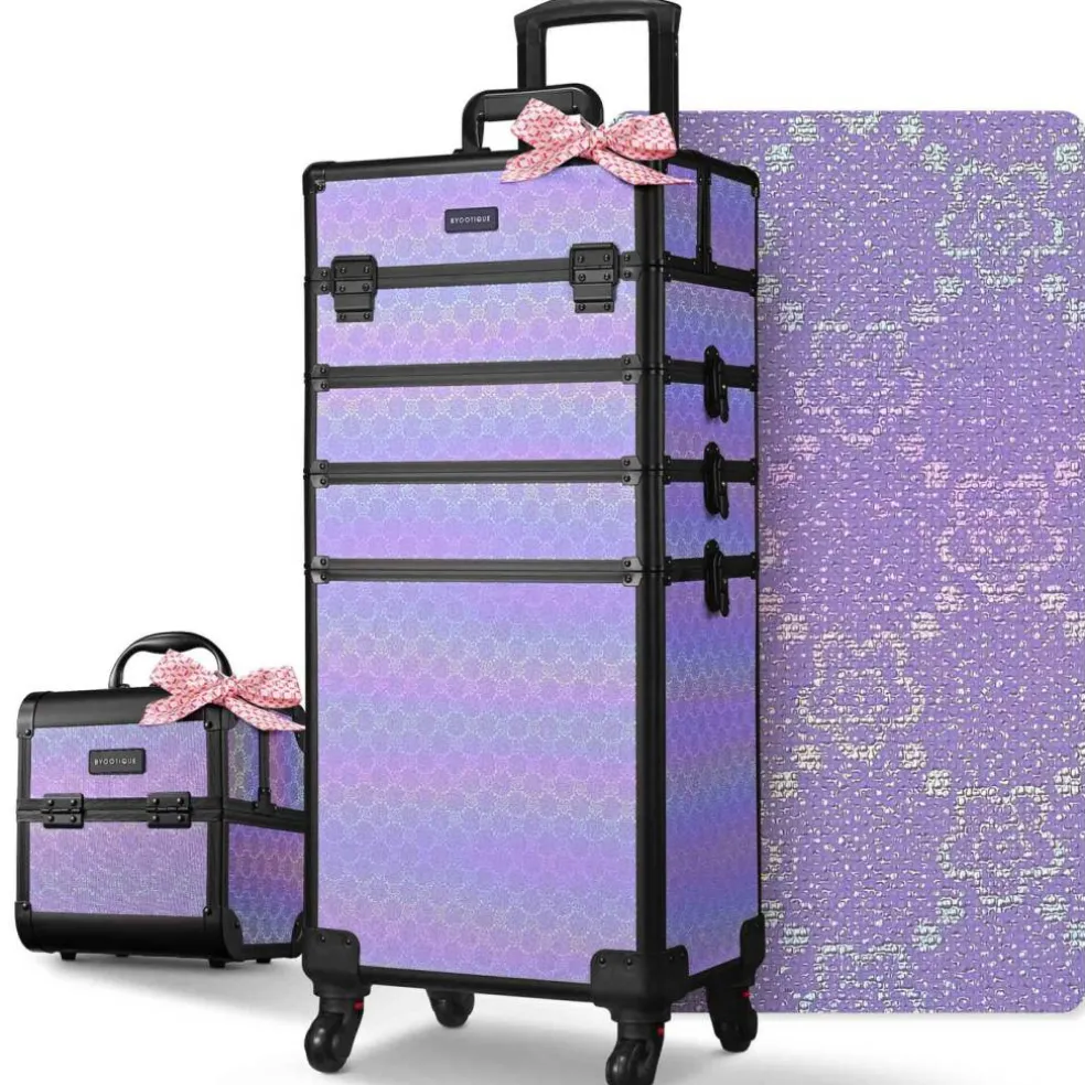 Byootique 4in1 Rolling Makeup Train Case w/ Cube Case Cosmetic Organizer Purple