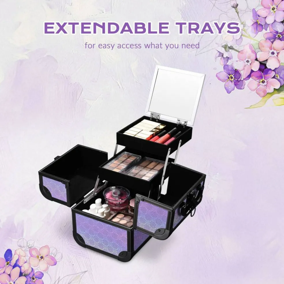 Byootique 4in1 Rolling Makeup Train Case w/ Cube Case Cosmetic Organizer Purple