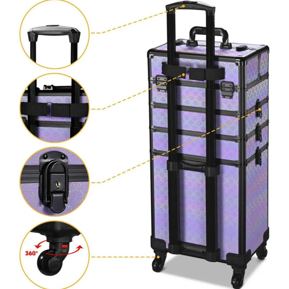 Byootique 4in1 Rolling Makeup Train Case w/ Cube Case Cosmetic Organizer Purple