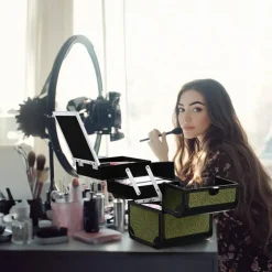 Byootique Makeup Train Case Cosmetic Organizer w/ Mirror Artist Rococo Moss