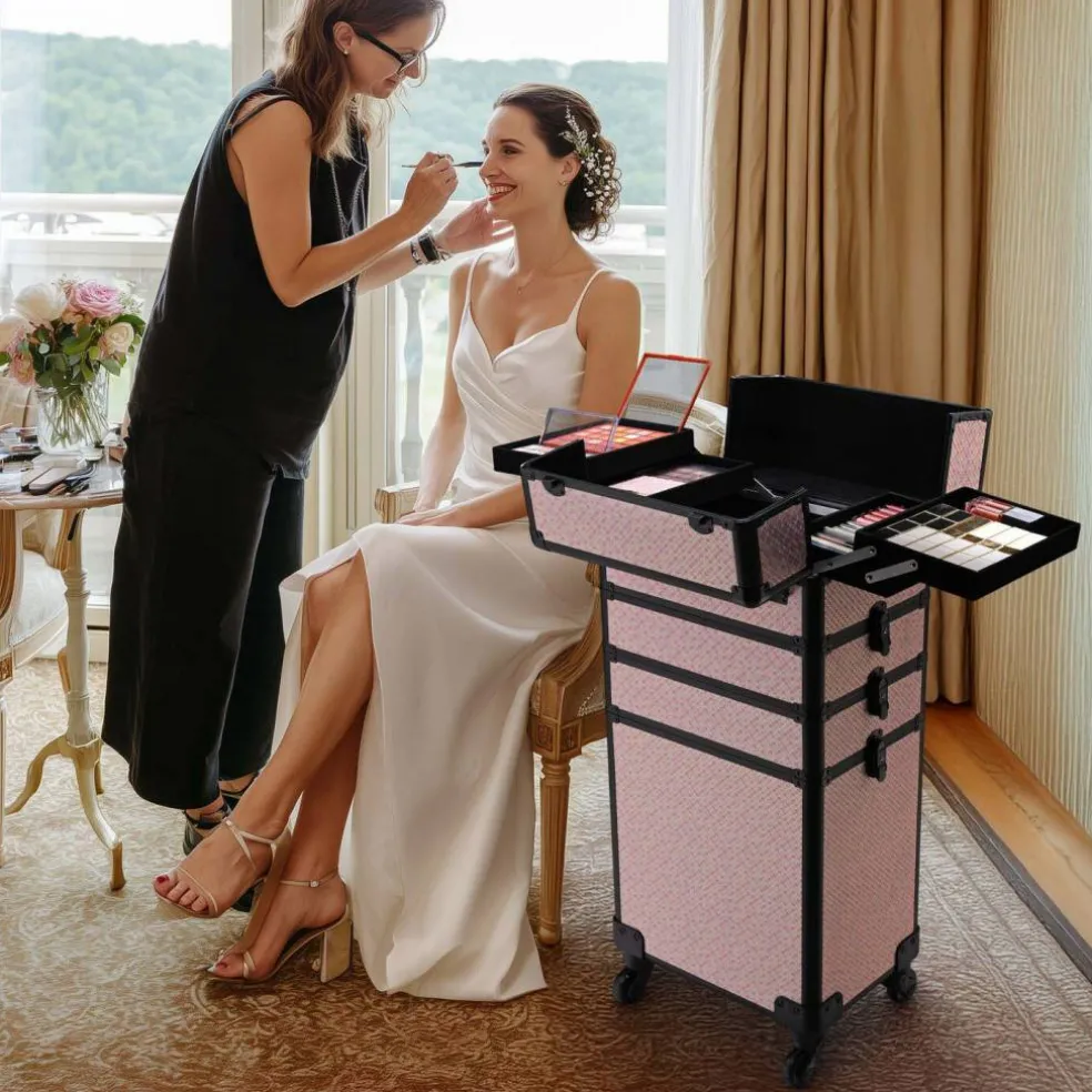 Byootique Makeup Train Case Trolley w/ Cube Case Cosmetic Organizer Art Deco Bloom