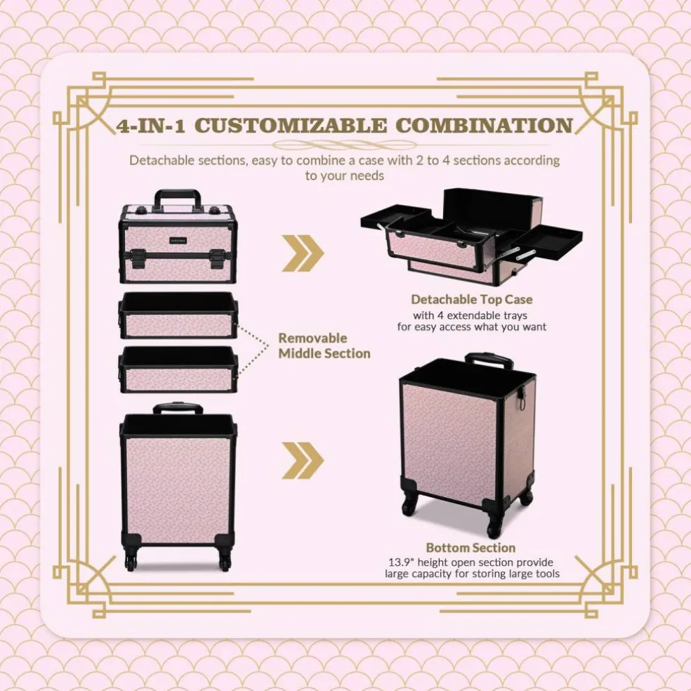 Byootique Makeup Train Case Trolley w/ Cube Case Cosmetic Organizer Art Deco Bloom