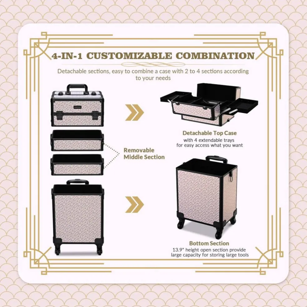 Byootique Makeup Train Case Trolley w/ Cube Case Cosmetic Organizer Art Deco Tyrian