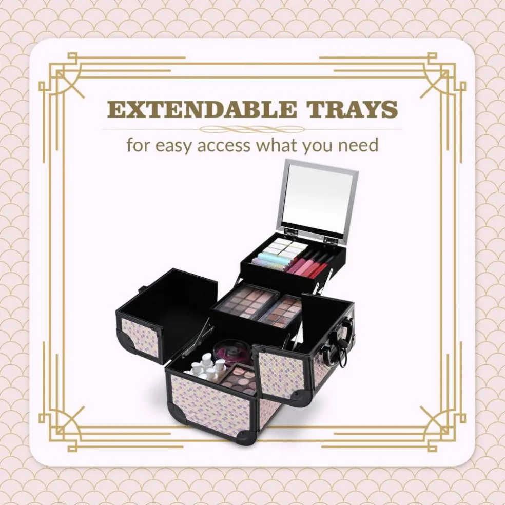 Byootique Makeup Train Case Trolley w/ Cube Case Cosmetic Organizer Art Deco Tyrian