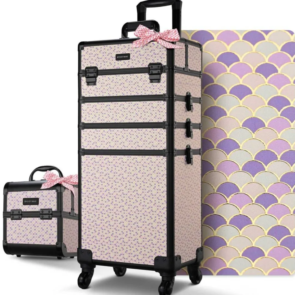 Byootique Makeup Train Case Trolley w/ Cube Case Cosmetic Organizer Art Deco Tyrian