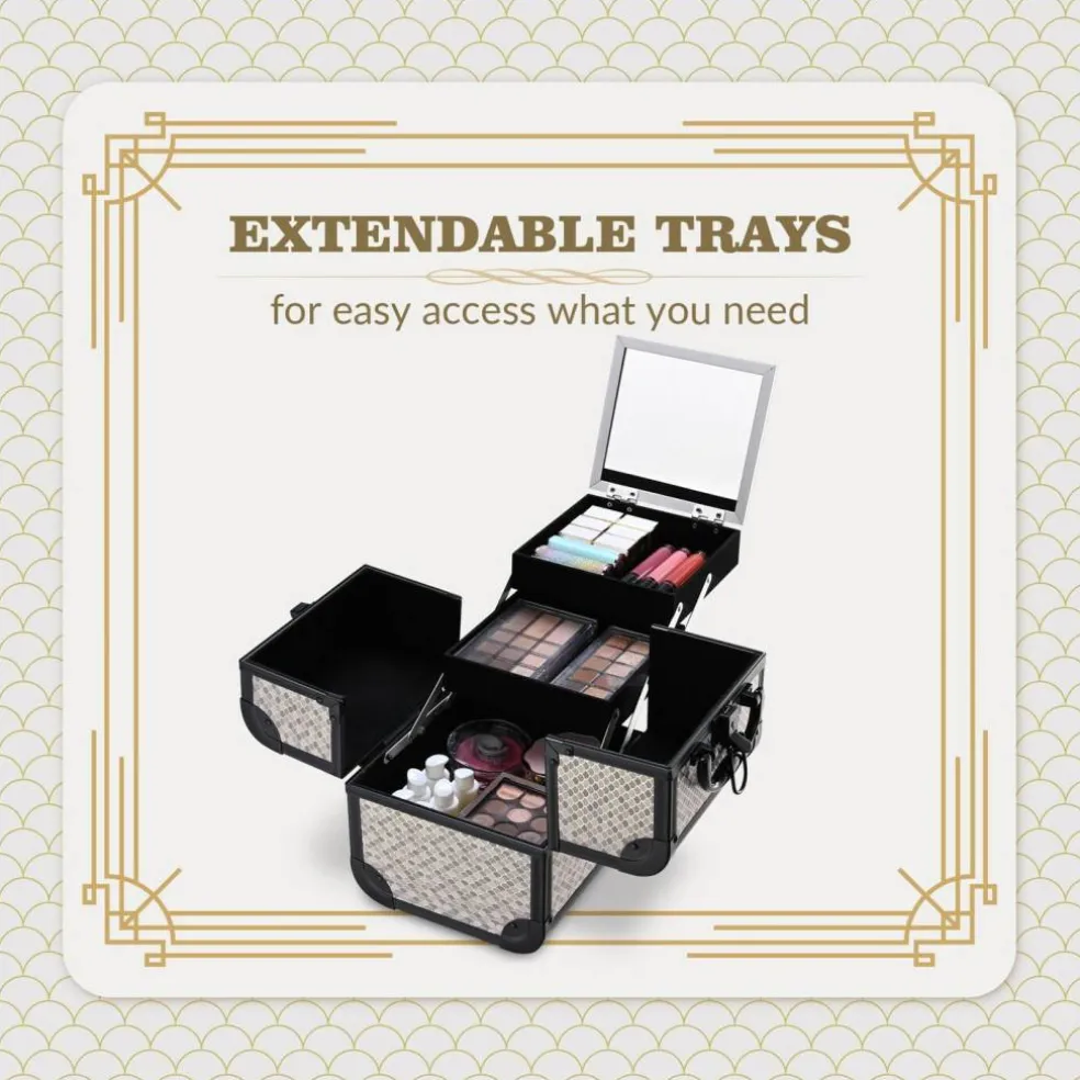 Byootique Makeup Train Case Trolley w/ Cube Case Cosmetic Organizer Art Deco Graphite