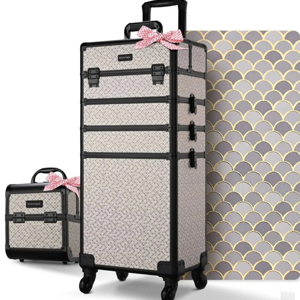 Byootique Makeup Train Case Trolley w/ Cube Case Cosmetic Organizer Art Deco Graphite