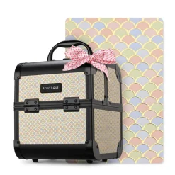 Byootique Makeup Train Case with Mirror Cosmetic Box Organizer Art Deco Pastel