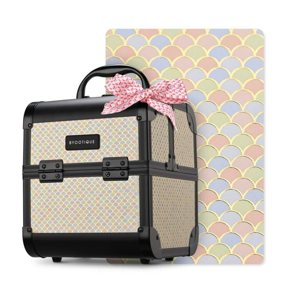 Byootique Makeup Train Case with Mirror Cosmetic Box Organizer Art Deco Pastel