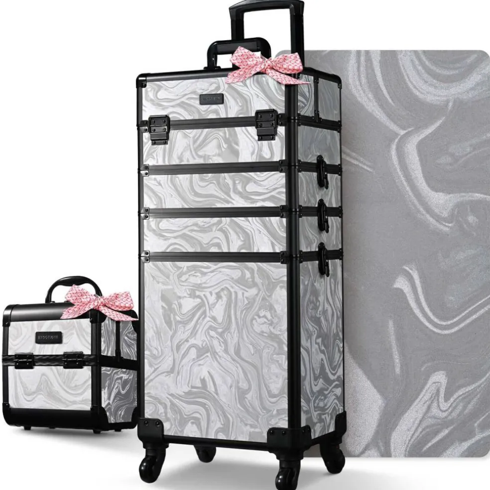Byootique Makeup Train Case with Portable Cube Case Cosmetic Organizer Graystone