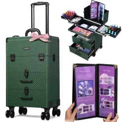 BYOOTIQUE Nail Travel Case with 2 Large Drawers 4 Trays 1 Nail Swatch Cover 360° Detachable Wheels Rolling Nail Case