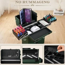 BYOOTIQUE Nail Travel Case with 2 Large Drawers 4 Trays 1 Nail Swatch Cover 360° Detachable Wheels Rolling Nail Case