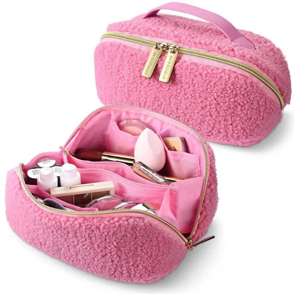 Byootique Plush Makeup Bag Open Flat Travel Toiletry Accessories Case Organizer