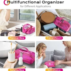 Byootique Portable Makeup Bag Zippered Water-resistant Organizer PVC Open Flat Travel Toiletry Organizer Travel Daily Use, Pink
