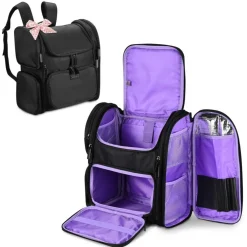 Byootique Portable Soft Sided Makeup Backpack Travel Barber Cosmetic Storage Organizer Travel with Removable Pouch for Makeup Artist Hairstylist, Purple