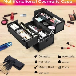 Byootique Pro Lockable Aluminum Makeup Case Cosmetic Storage Box w/ Tiers Jewelry Bag Black