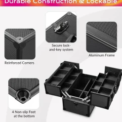 Byootique Pro Lockable Aluminum Makeup Case Cosmetic Storage Box w/ Tiers Jewelry Bag Black