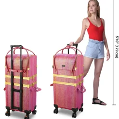 Byootique Red Gold Makeup Train Case Lockable Rolling Cosmetic Trolley Storage