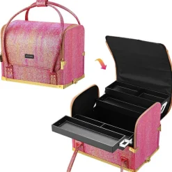 Byootique Red Gold Makeup Train Case Lockable Rolling Cosmetic Trolley Storage