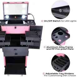 Byootique® Rolling Makeup Case Pro Hair Stylist Barber Artists Case Multifunction Lighted Lockable