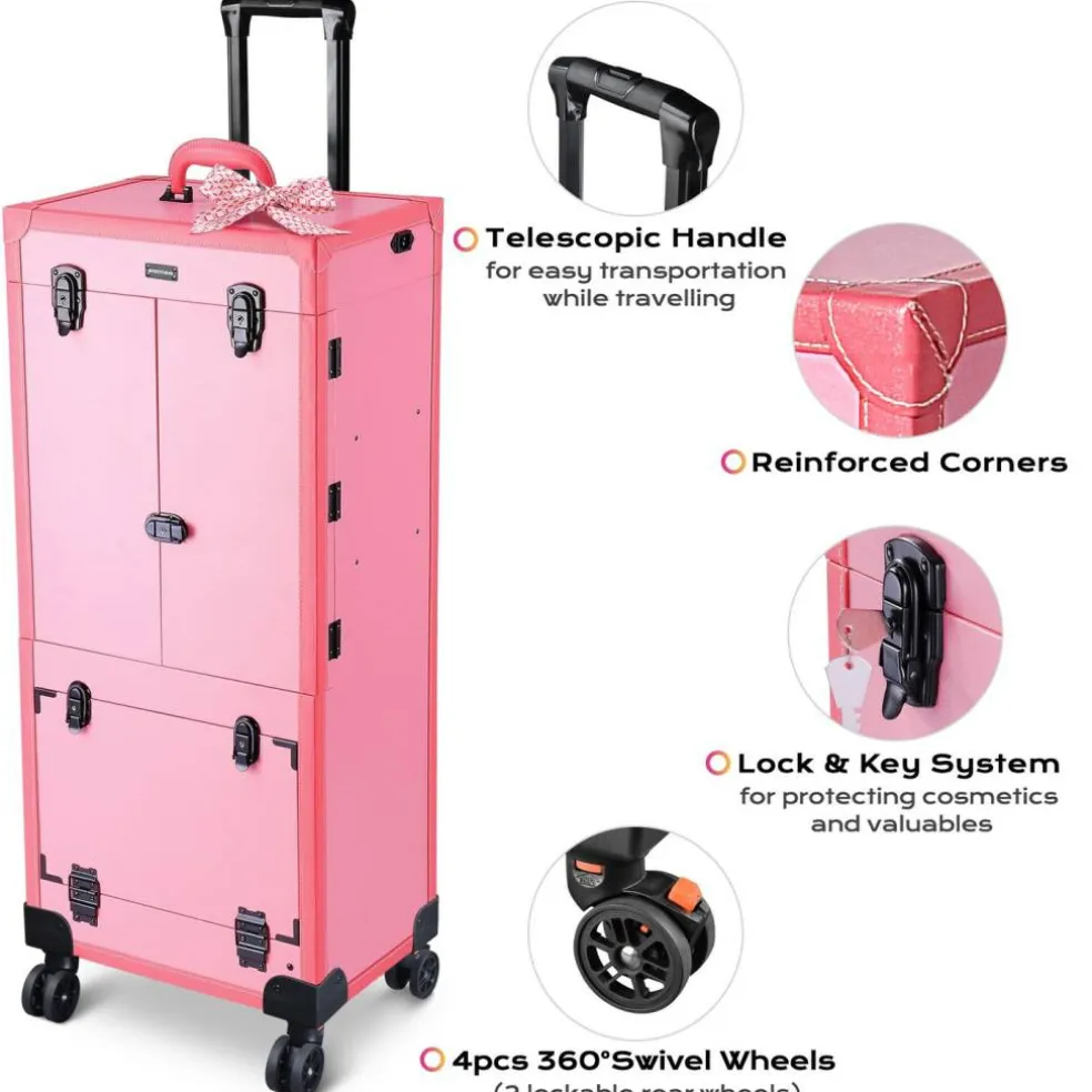 Byootique® Rolling Makeup Case Pro Hair Stylist Barber Artists Case Multifunction Lighted Lockable