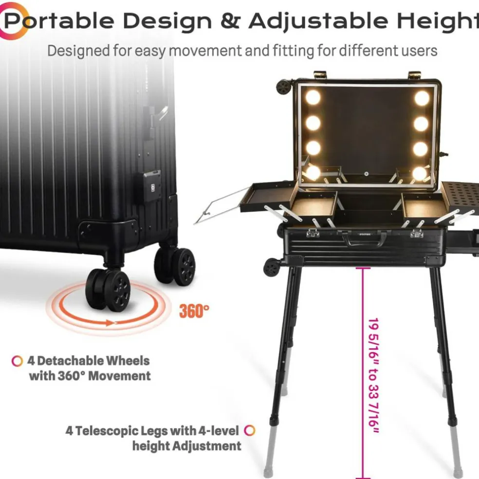 Byootique Rolling Makeup Case 24 Inch LED Lighted Mirror Cosmetic Travel Trolley
