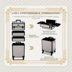 Byootique Rolling Makeup Train Case on Wheels 3-Piece Hairdressing Brush Bags Cosmetology Art Deco Graphite